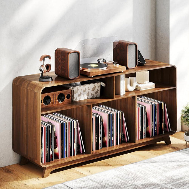 Boweniog Record Player Stand with Vinyl Storage Cabinet with Charging Station & USB Ports, Turntable Stand Table Holds Up to 350 Albums, Curved Vinyl Record Cabinet for Living Room (Walnut, 55-inch)