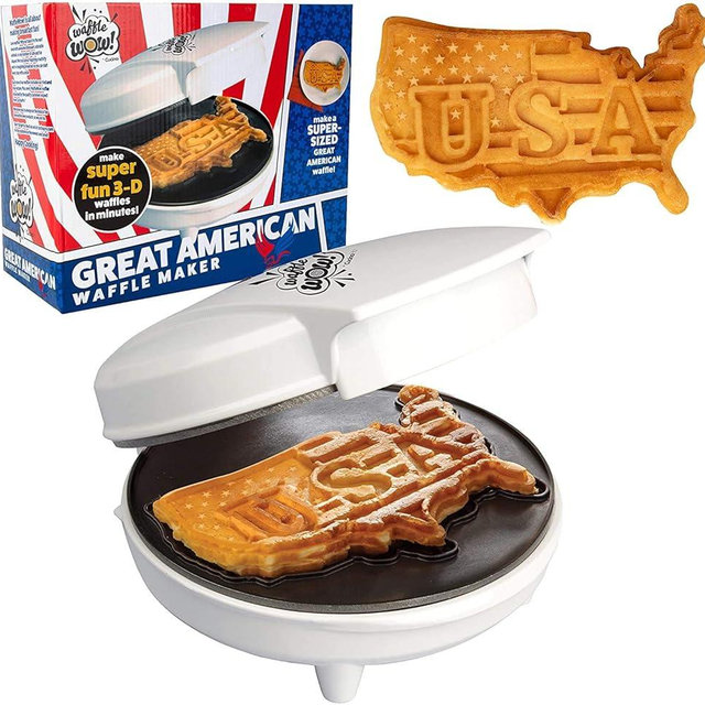 Great American USA Waffle Maker- Memorial Day Must Have- Giant 7.5" Patriotic Waffles Pancakes- Electric Nonstick Waffler Iron- America Spirit Party, Breakfast Baker w Recipes- Novelty Gift for Dad