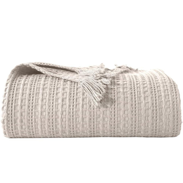 100% Cotton Waffle Blanket with Fringe, Pre-Washed Waffle Weave Blanket for All Season, Lightweight Breathable Soft Cozy Throw Blanket for Couch, Bed, Travel (Beige - 50x60 Inches)