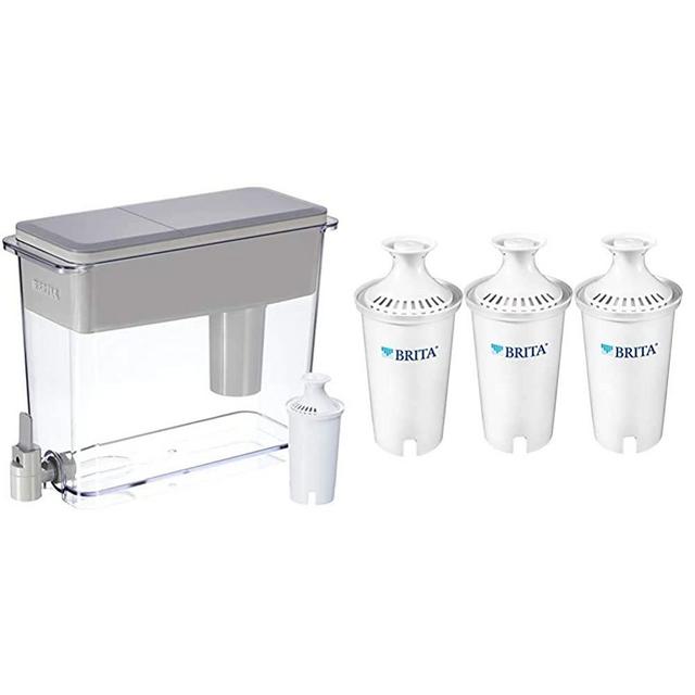 Brita 18 Cup UltraMax Water Dispenser with 1 Filter, BPA Free, Gray, Extra Large & Water Replacement Filters for Pitchers and Dispensers, 3ct, White