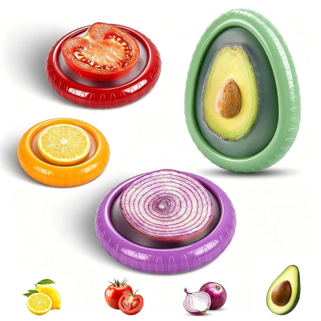 AWLGAK Avocado Saver Set of 4 Stretch Silicone & Plastic Food Storage Pods, Reusable Leak-Proof Produce Containers for Fridge, Keep Onion Lemon Tomato Vegetable Fresh