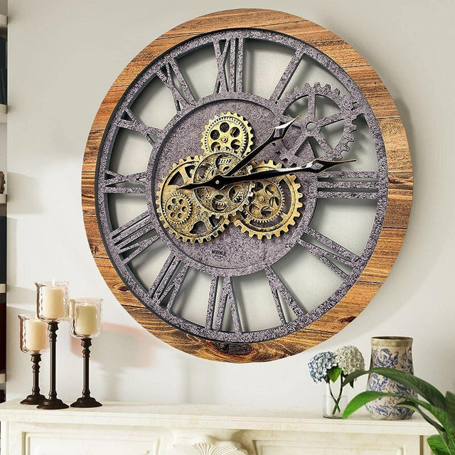 ImprovingLife The Original Real Moving Gear Wall Clock Vintage Industrial Oversized Rustic Farmhouse (24 inch (60cm),Wood e Stone