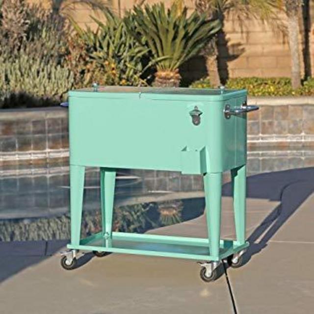 Clevr 80 Quart Qt Rolling Cooler Ice Chest Cart for Outdoor Patio Deck Party, Retro Seafoam, Portable Backyard Party Bar Cold Drink Beverage Tub Trolley, Wheels with Shelf, Stand, Bottle Opener
