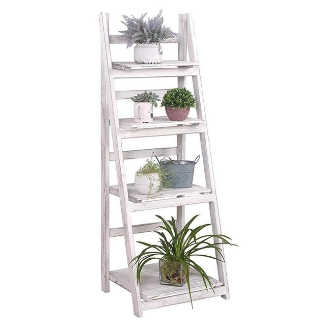 RHF 45" Foldable Ladder Shelf,Plant Stand,Indoor Flower Pot Stand,Folding A Framde Display Shelf,Free Standing, Patio Rustic Wood Stand with Shelves,4 Tier Stand Outdoor Pot Rack, White