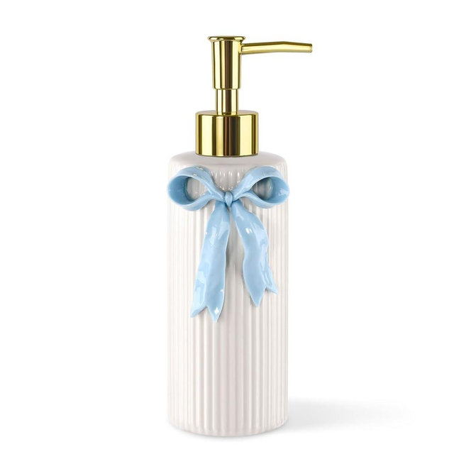 NEWHENGS Handmade Ceramic Bow Soap Pump Dispenser Hand Lotion Liquid Dispenser Refillable for Kitchen and Bathroom Decorative (Ribbon Blue)