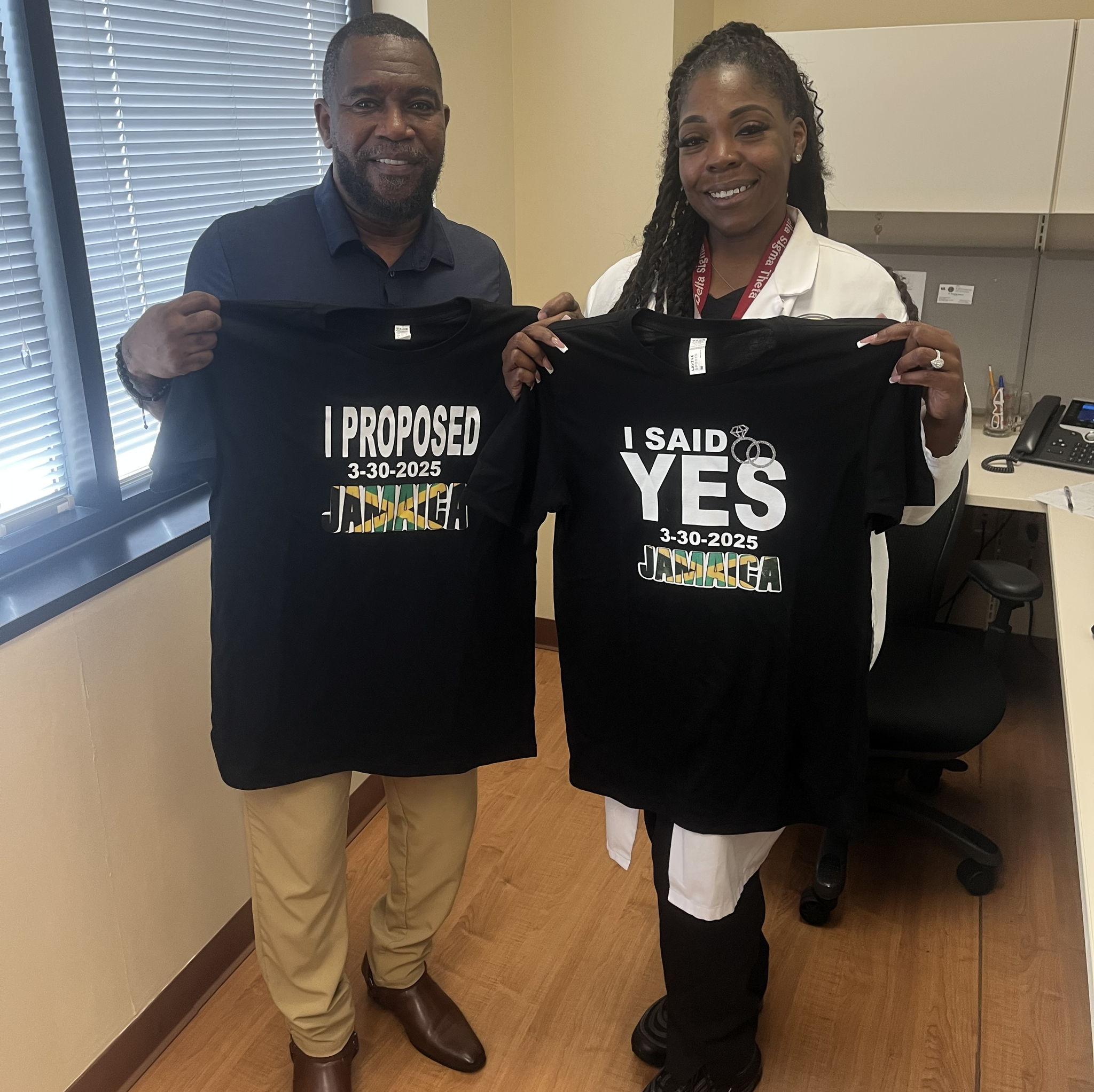 Showing Off our Engagement Shirts Made by our Friends!