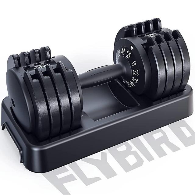 FLYBIRD Adjustable Dumbbell,25/55lb Single Dumbbell for Men and Women with Anti-Slip Metal Handle,Fast Adjust Weight by Turning Handle,Black Dumbbell with Tray Suitable for Full Body Workout Fitness