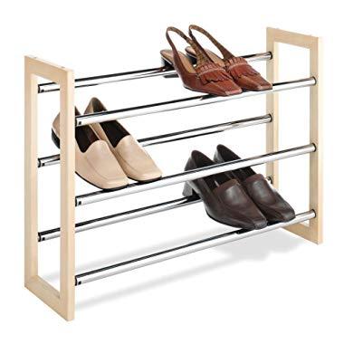 Whitmor 3 Tier Expandable Shoe Rack -Stackable - Natural Wood and Chrome