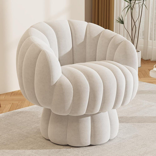 Mistpople Mid Century Modern 360 Degree Barrel Swivel Accent Sofa Chair,Fluffy Velvet Fabric Lounge Wide Upholstered Pumpkin Reading Chair, Round Cloud Armchair for Living Room,Bedroom,Vanity(Beige)