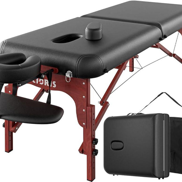 CLORIS 84" Professional Massage Table Portable 2 Folding Lightweight Facial Salon Spa Tattoo Bed Height Adjustable with Carrying Bag & Wooden Leg Hold Up to 1100LBS Black