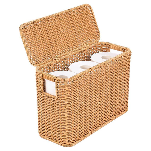Toilet Paper Storage Basket with Lid and Handle, Slim Bathroom Organizer, Decorative Poly Rattan Wicker Storage Bin for Bathroom Towels, Toilet Paper, Laundry, Magazines