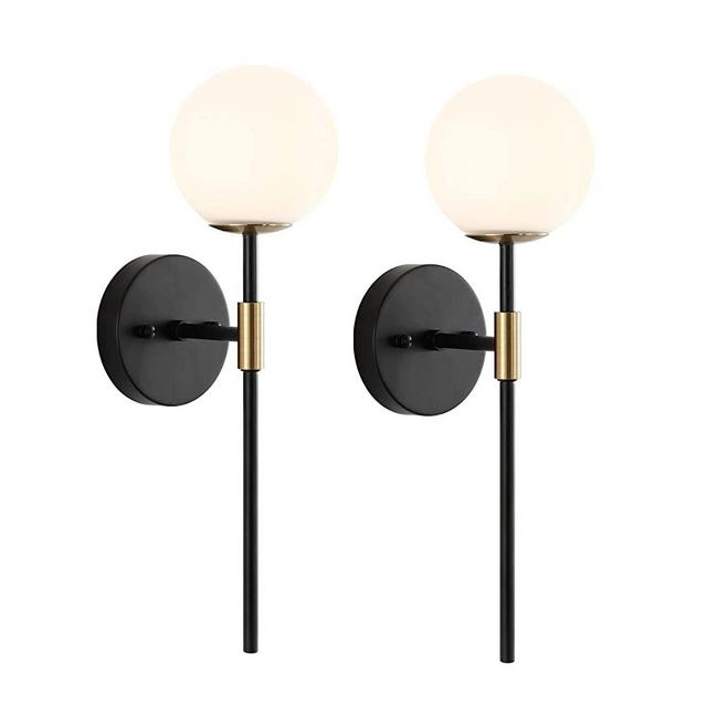 BYOLIIMA Industrial Mid Century Wall Sconce Set of 2 with White Globe Glass Shades Modern Bathroom Vanity Wall Lamp Black and Gold Finished Wall Light Fixture