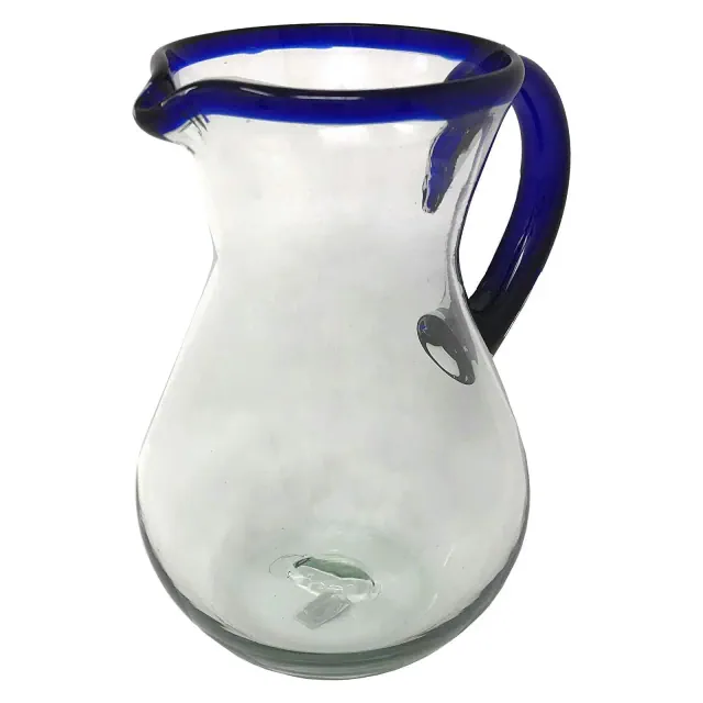 Dos Sueños Mexican Hand Blown Pitcher - Blue Rim - 84oz -
