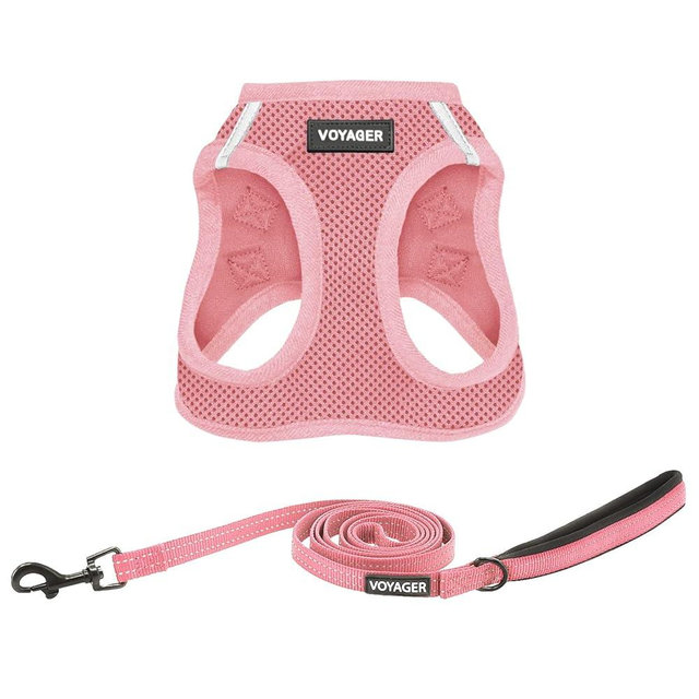 Best Pet Supplies Voyager Step-in Air All Weather Mesh Harness and Reflective Dog 5ft Leash Combo with Neoprene Handle, for Small, Medium and Large Breed Puppies - Set (Pink), X-Small
