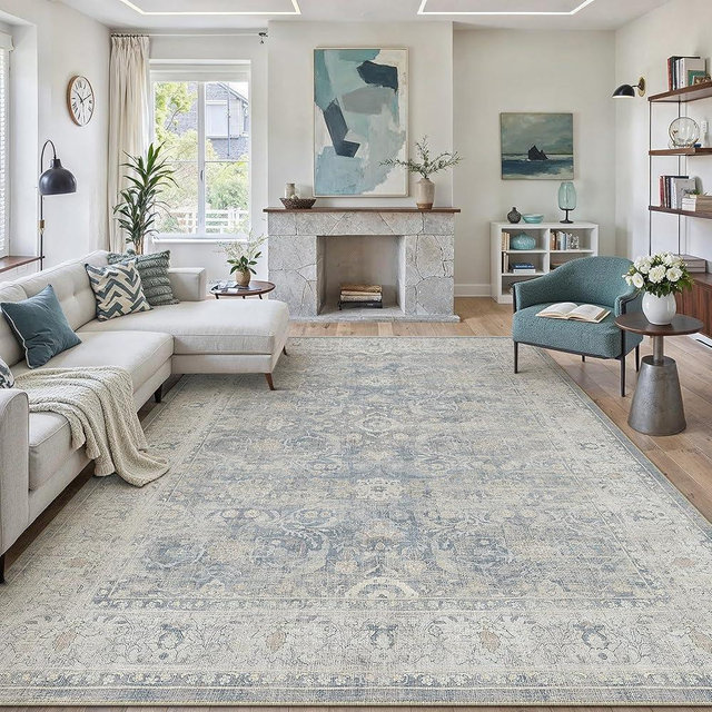 WondRg 8x10 Blue Washable Area Rug for Living Room Bedroom Neutral Soft Non Slip Rug Low Pile Vintage Distressed Carpet for Dining Room Nursery Office Indoor