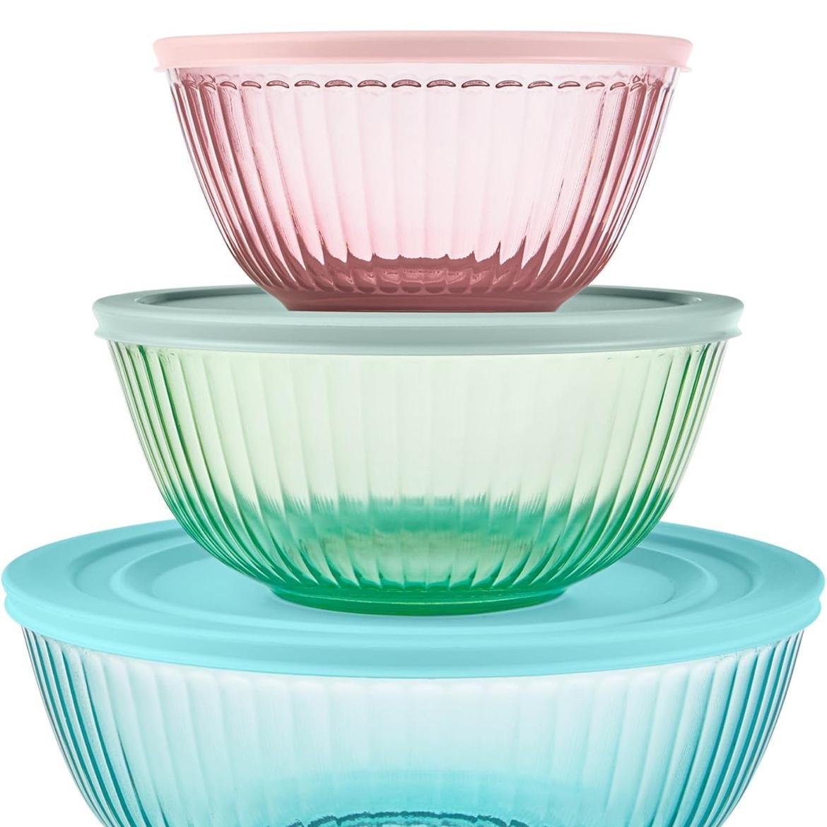 Pyrex Colors Tinted 6-PC Full Set, Small/Medium/Large Glass Mixing Bowls With Lids, Nesting Space Saving Set of Bowls For Prepping and Baking, 1.3QT, 2.3QT & 4.5QT