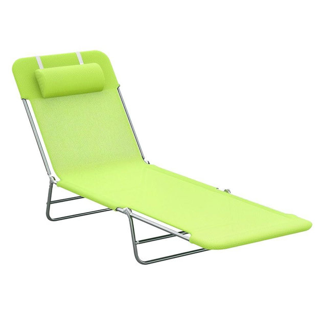 Outsunny Folding Chaise Lounge Pool Chairs, Outdoor Sun Tanning Chairs with Pillow, Reclining Back, Steel Frame & Breathable Mesh for Beach, Yard, Patio, Green
