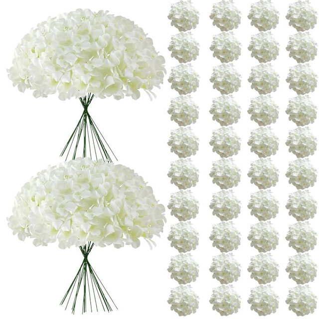 Cherica 65Pcs White Hydrangea Artificial Flowers Bulk，Realistic Silk Fake Flowers with Stems，Faux Hydrangea Flowers for Wedding Home Decor Centerpieces Living Room Garden Party Baby Shower Decoration