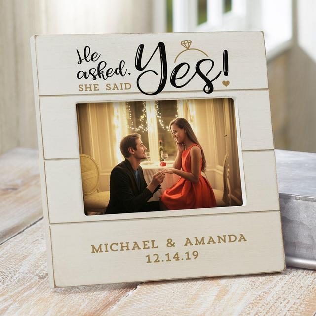 He Asked, She Said Yes Personalized Engagement Shiplap Picture Frame