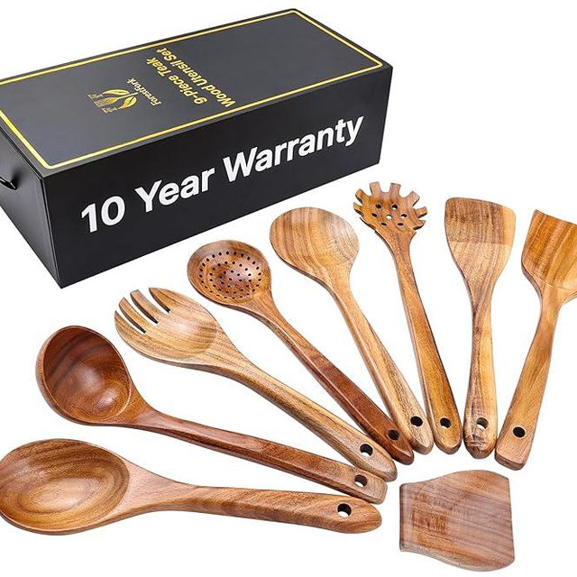Wooden Kitchen Utensil Set, 9-Piece Teak Wood Kitchen Spoons for Cooking- Durable, Comfortable Grip, Non-Stick, Heat Resistant, Non-Scratch Kitchen Utensils-Perfect Cooking Gift