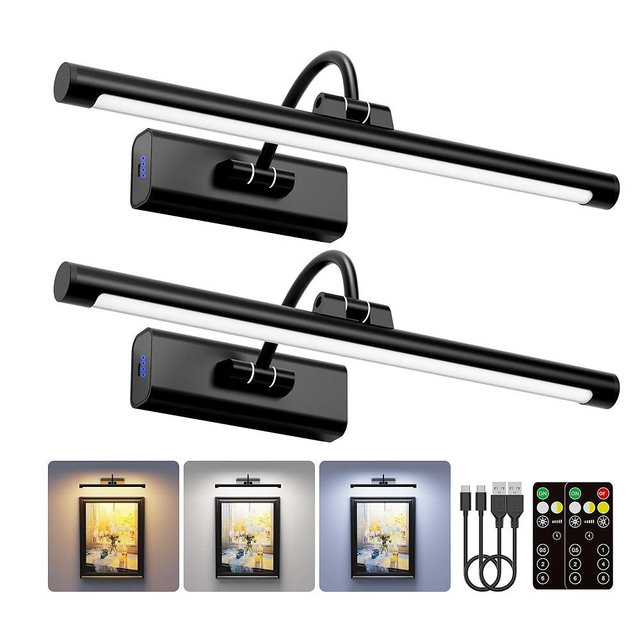 Craftersmark 2 Pack Picture Lights for Wall 6000mAh - 16" Black Cordless Battery Powered Wall Mount Sconce with Dimmable Remote for Gallery Wall & Art Decor