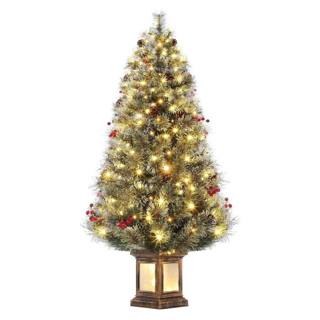 4.5ft Pre-Lit Artificial Christmas Tree with 108 Warm White LED Lights, Hinged , Red Berries & Vintage Potted Base for Party Decor
