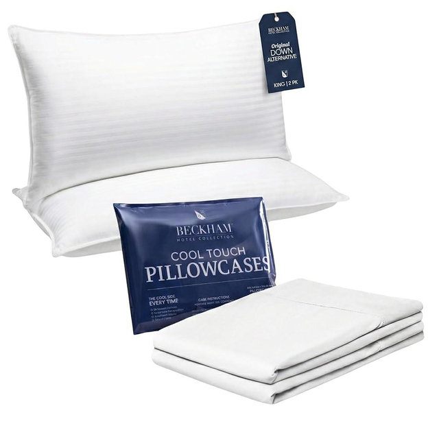 Beckham Hotel Collection Bed Pillows with Cooling Pillowcases for Hot Sleepers, King Size Sets of 2, Soft Down Alternative Pillow for Sleeping, Envelope Cases, White