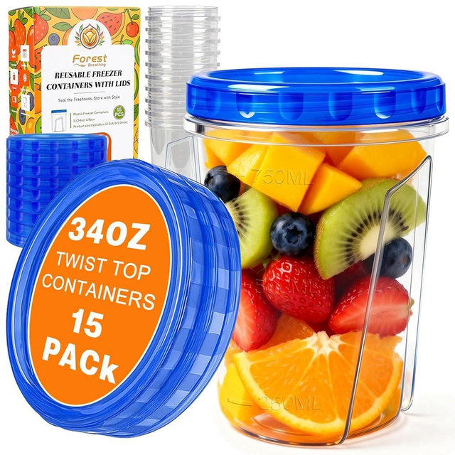15 Pack 34oz Reusable Freezer Storage Containers with Twist Top Lids Airtight, Clear Plastic Soup Freezer Containers, Quart Food Storage Containers with Lids for Meal Prep Leftover Lunch Salad Fruit