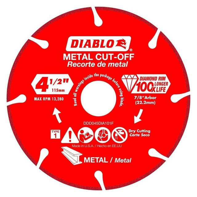 Diablo Diamond Metal Cut-Off Disc - Segmented, 7/8" Arbor, 4-1/2" Diameter, 13,280 Max RPM - DDD045DIA101F