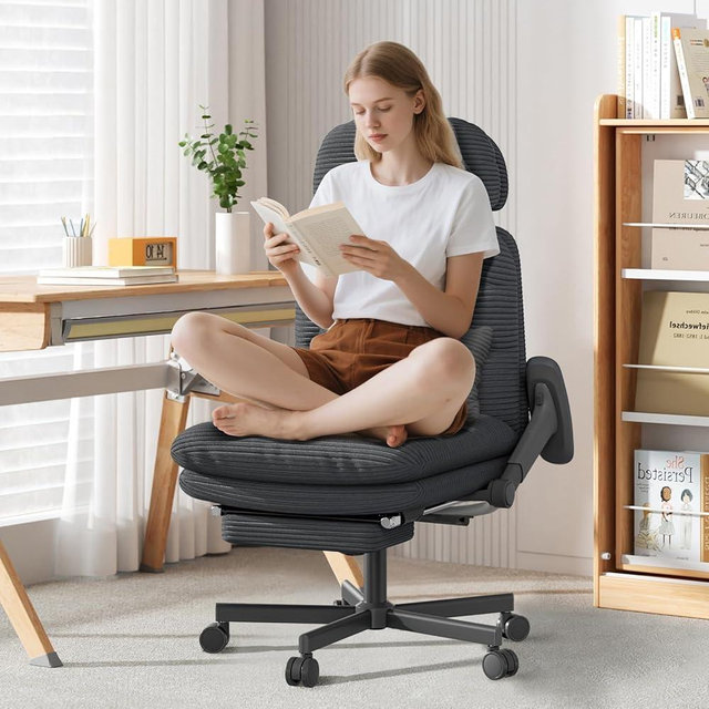 GXJ Criss Cross Chair with Flip-up Arms, Executive Office Chair with Foot Rest, Swivel Cross Legged Office Chair with Lumbar Pillow&Headrest, Corduroy Comfy Computer Desk Chair for Home, Black