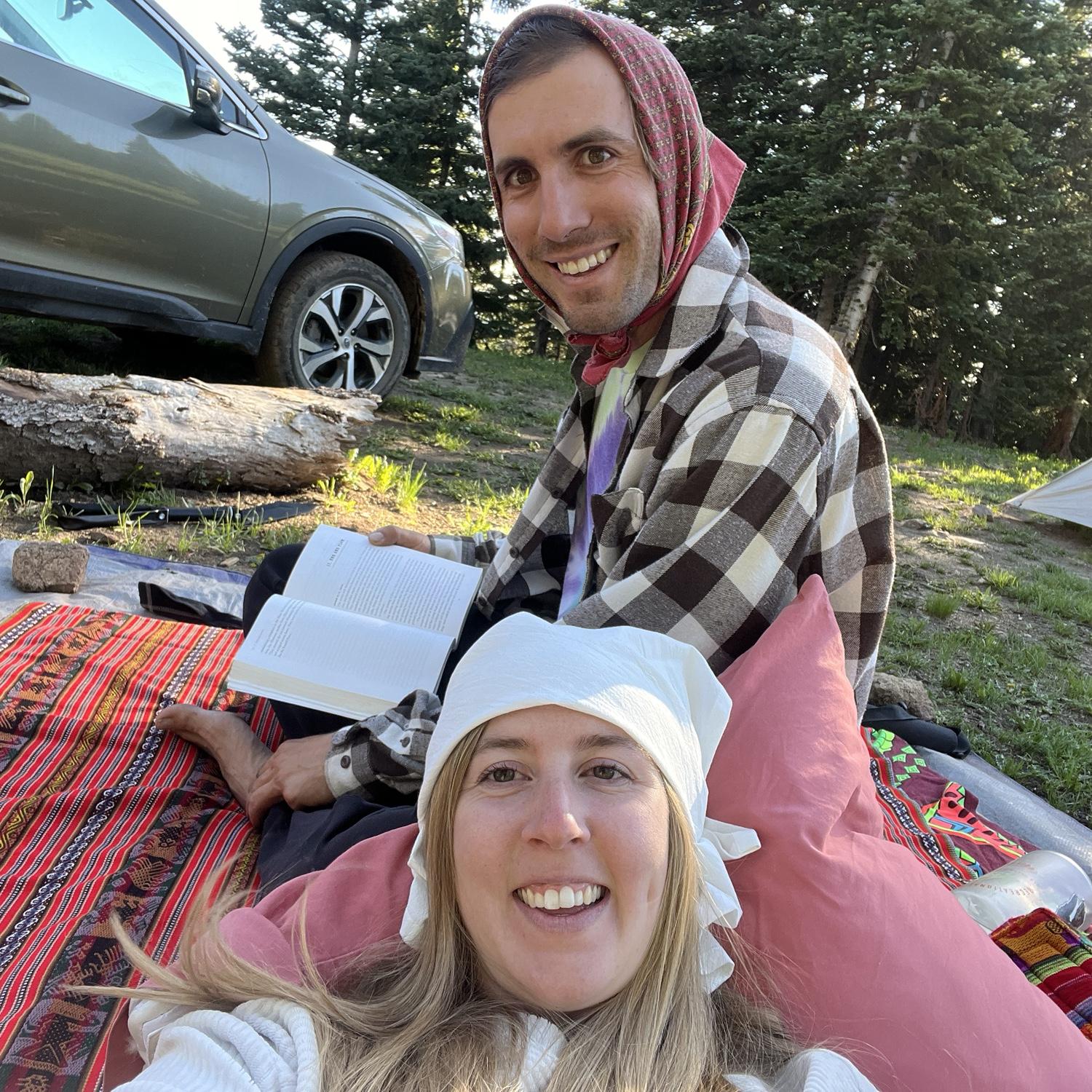 Car camping near Durango and trying to protect our heads from the mosquitos