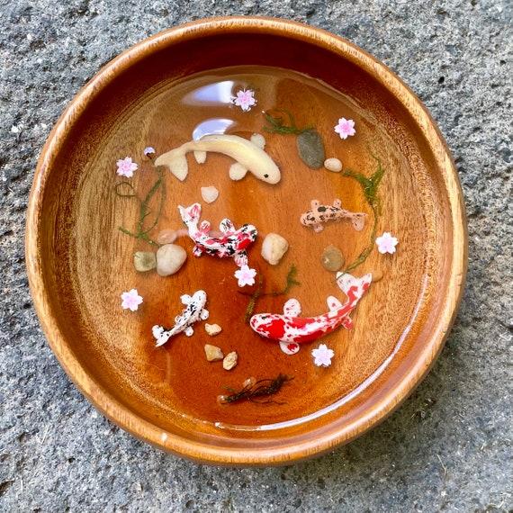 Koi fish wooden resin bowl- calming fishpond carp zen trinket dish 6”