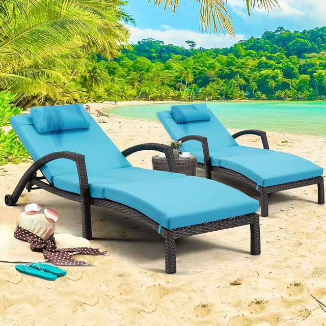 HOMREST Outside Chaise Lounge Chairs Set of 2, Adjustable 5 Position Outdoor PE Rattan Wicker Patio Pool Lounge Chair with Cushion, Arm, Pillow and Wheels for Poolside Backyard Deck Porch,Blue
