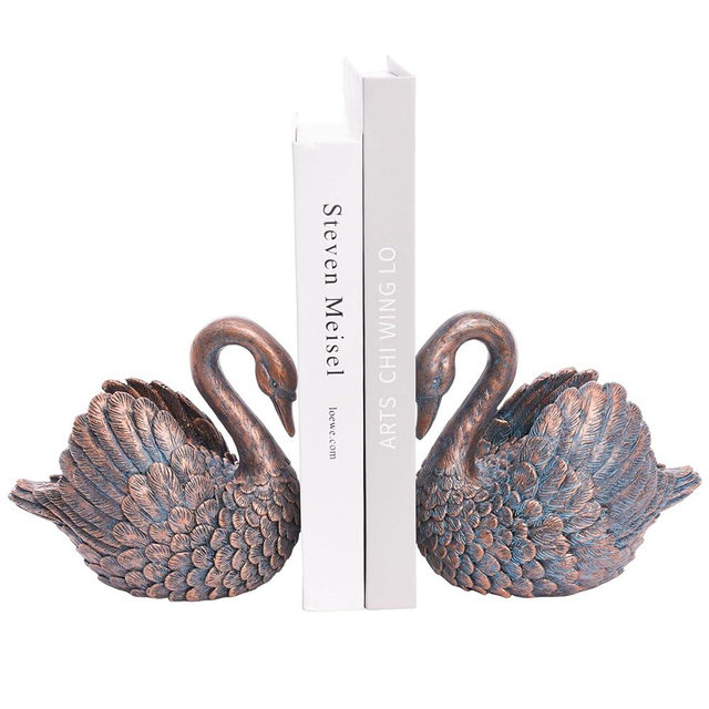Kakizzy Swan Decorative Bookends,Resin Book Ends for Shelves,Unique Bronze Book Holders,Heavy Duty Swan Decor for Home Office Desk Bookshelf,Set of 2,Gifts for Anniversary