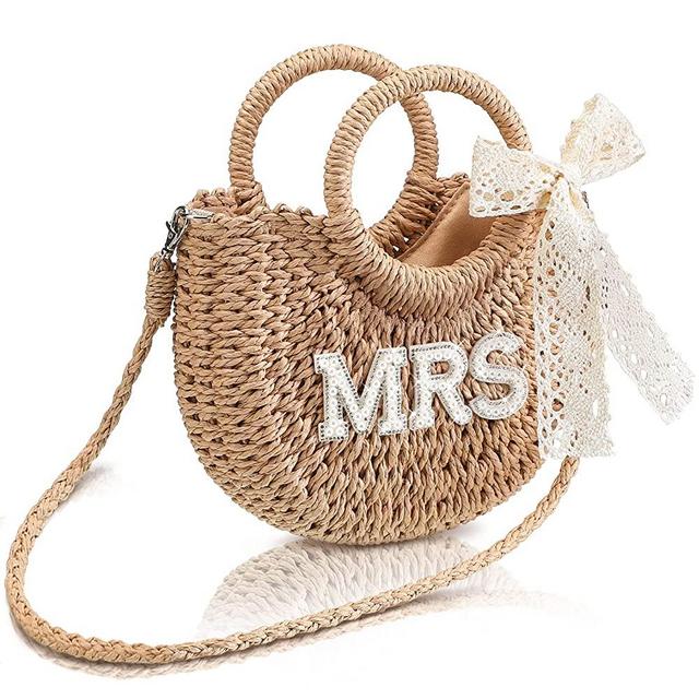 Bride Straw Purse Mrs Handmade Summer Handbag Bride Women Beach Bag Rhinestone Letter Patches Bow Rattan Straw Bag