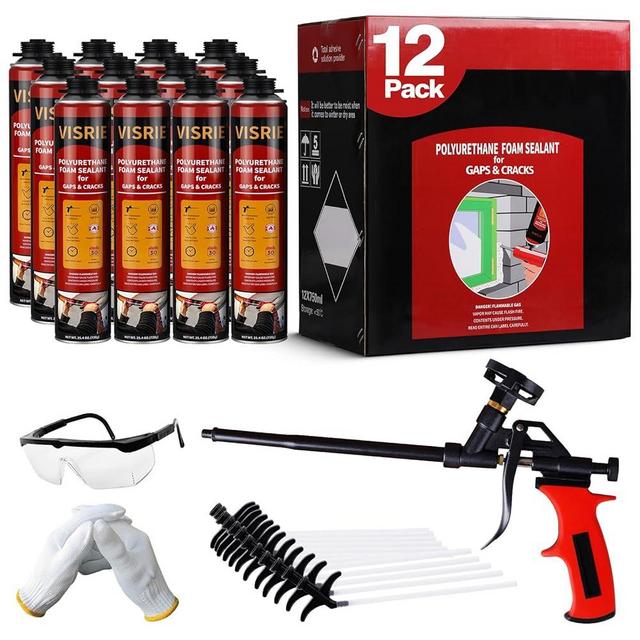 Gaps and Cracks Foam Insulation Sealant - 25.4 oz Polyurethane Expanding Spray Foam, Pack of 12. Closed Cell, Seals & Insulates Gaps Waterproof Filler. Application Gun Included
