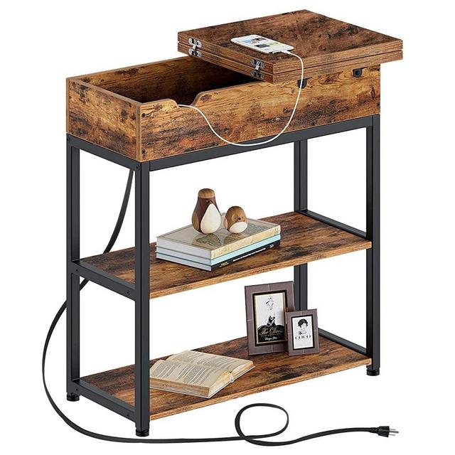 Rolanstar End Table with Power Outlet, Flip Top Side Table with 2-Tier Organizer Shelves, Industrial Narrow Sofa Side Table for Bedroom, Living Room, Rustic Brown