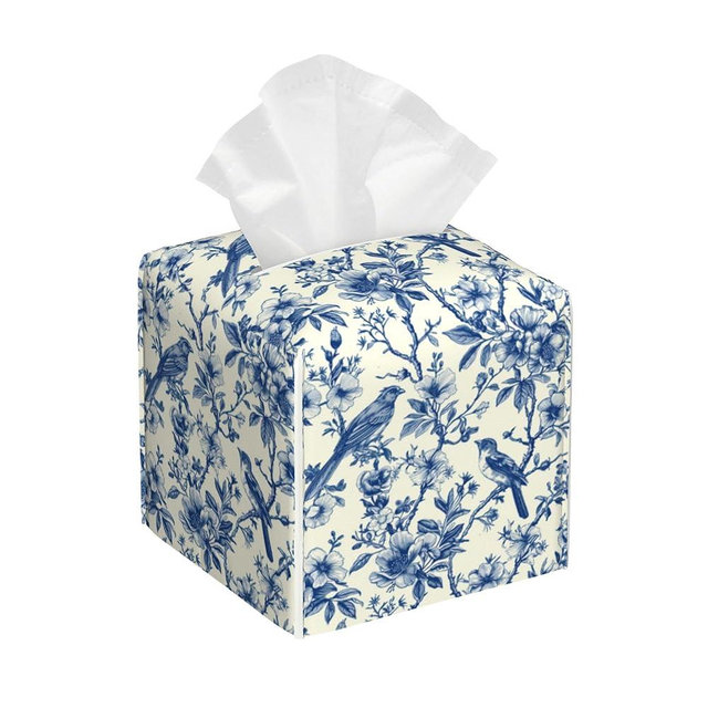 Tissue Box Cover Square,Vintage Floral and Blue Bird Tissue Box Holder Waterproof Leather Facial Paper Case Modern Home Decoration for Bedroom Dresser Night Stand Office Desk