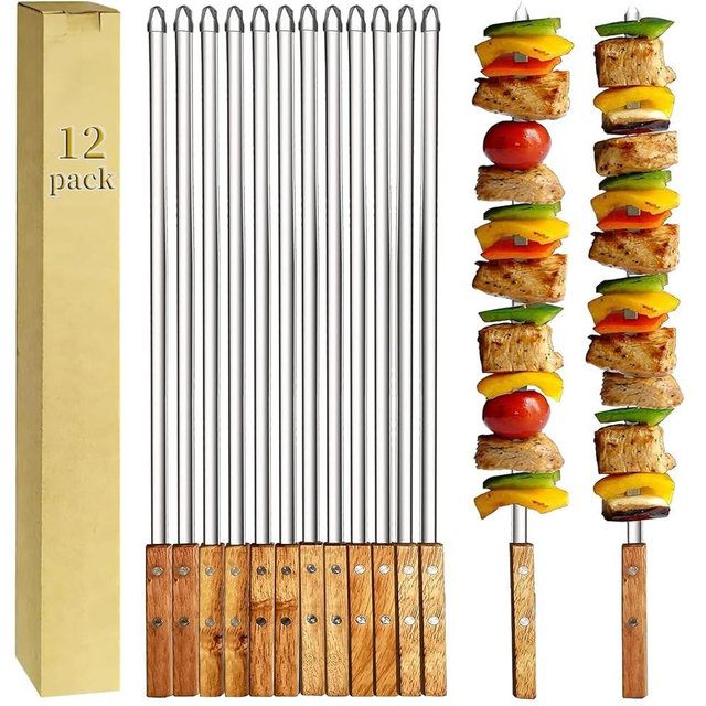 12 Pack Kebab Skewers BBQ Barbecue Skewers Stainless Steel Flat Sticks 22 Inch Heavy Duty Large Wide Reusable with Nonslip Wooden Handle Ideal for Shish Kabob Chicken Shrimp and Vegetables