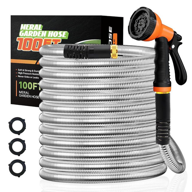 Besiter Garden Hose 100FT Stainless Steel Water Hose with 10 Functions Adjustable Spray Nozzle, Heavy-Duty Metal Garden Hose Flexible Durable No-Tangle & Kink Leak Dog Proof Hose for Yard Lawn