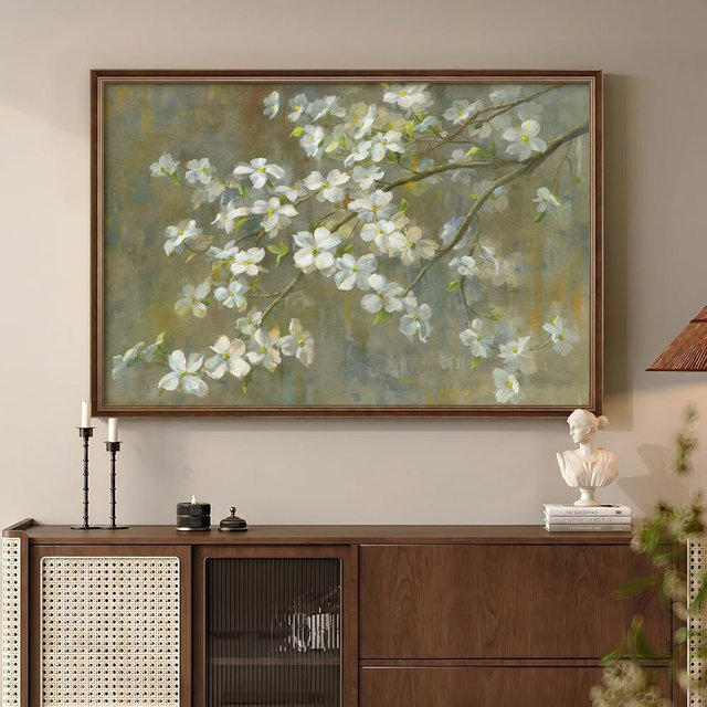 Framed Vintage Floral Wall Art, Green White Neutral Farmhouse Botanical Canvas Painting Prints Artwork for Walls, Rustic Retro Flower Picture for Living Room Bedroom Kitchen Hallway Wall Decor, 24x36