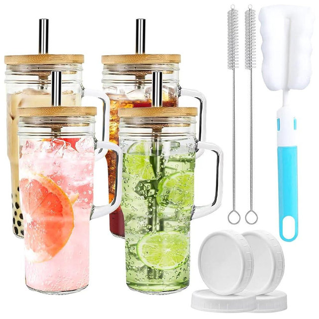 YUANYE 4 Piece 24oz Mason Handle Glass Cups with Lids and Straws -Drinks Enthusiasts Essential Glasses Drinking Set, Perfect for Iced Coffee and Beer,fruit water，Tea and Coffee