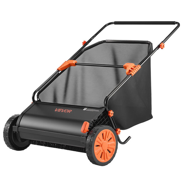 VEVOR Push Lawn Sweeper, 26 in Leaf & Grass Collector with 7 cu. ft. Hopper Bag, Adjustable Brush Height & Spinning Brushes, Heavy Duty, Black
