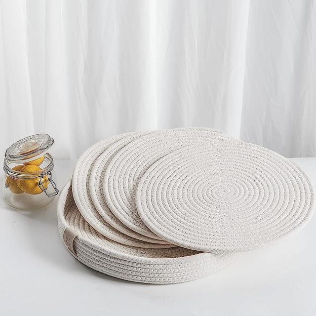 Art PineCone's Woven Cotton Rope Round Placemats Set of 4 with Holder Included, Non-Slip and Heat Resistant for Your Perfect Table Decor!(13“ Off White)