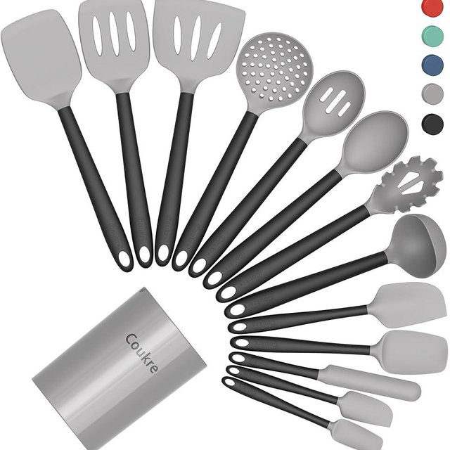 Coukre Silicone Kitchen Cooking Utensils Set with Holder – Heat-Resistant, Food-Grade Kitchen Tools, Spatula, Spoon & Gadgets for Non-Stick Pans, Dishwasher Safe (14, Gray)
