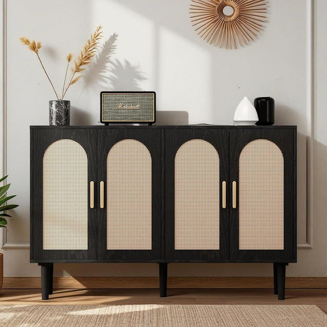 Trygoal Modern Rattan-Door Sideboard Cabinet – 4-Door Credenza Buffet with Ample Storage, Large Accent Cabinet for Entryway, Living Room, Dining Room & Kitchen, Black & Natural