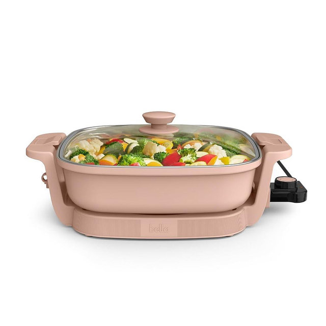 bella Make & Take Electric Skillet, Fits-anywhere™ kitchenware, EverGood™ Ceramic Coating, Adjustable Temperature & Dishwasher-Safe Tempered Glass Lid, Cast Aluminum Base, 1200 Watt, Blossom