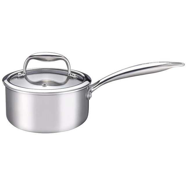 KC-Emier 1-Quart Saucepan with Lid, Tri-Ply Stainless Steel Pot with Stay-Cool Handle & All Cooktop Compatibility (Gas, Ceramic, Electric) - Silver