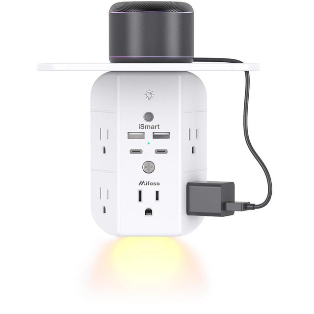 Wall Outlet Extender with Shelf and Night Light, Surge Protector, USB Wall Charger with 5 AC Outlets and 2 USB A Ports 2 USB C Ports Wide Space 3-Sided Power Strip Multi Plug Outlets