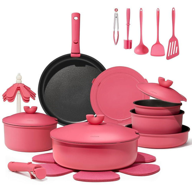 CAROTE 27pcs Pots and Pans Set Non Stick, Nonstick Cookware Set, Oven/Dishwasher/Fridge Safe Pots and Pans, RV Safe Cookware, Induction Kitchen Gift Set Detachable Handle, Pink